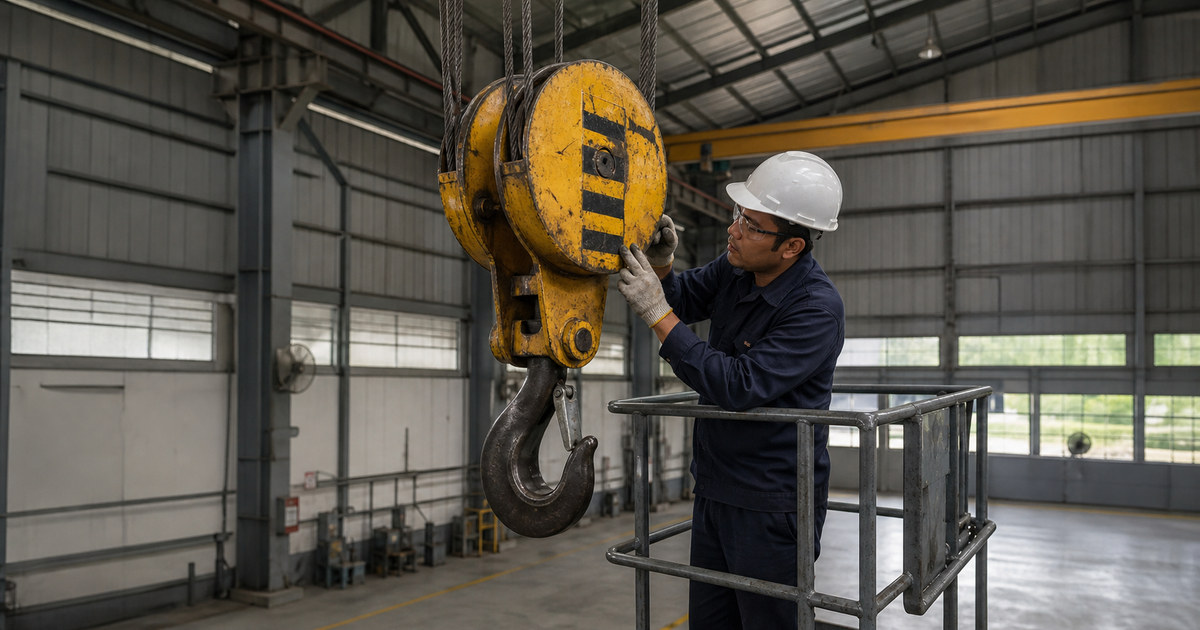 Inspector examining an overhead crane hook block inside a factory
