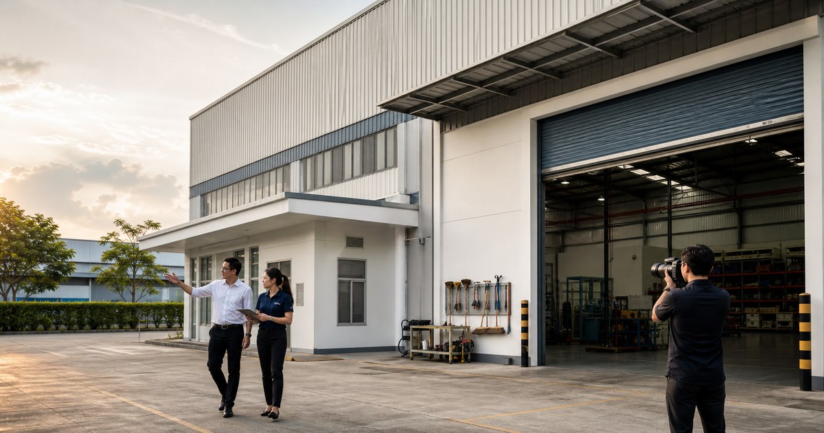 Factory owner reviewing property plans, compliance records and a sale or lease readiness checklist