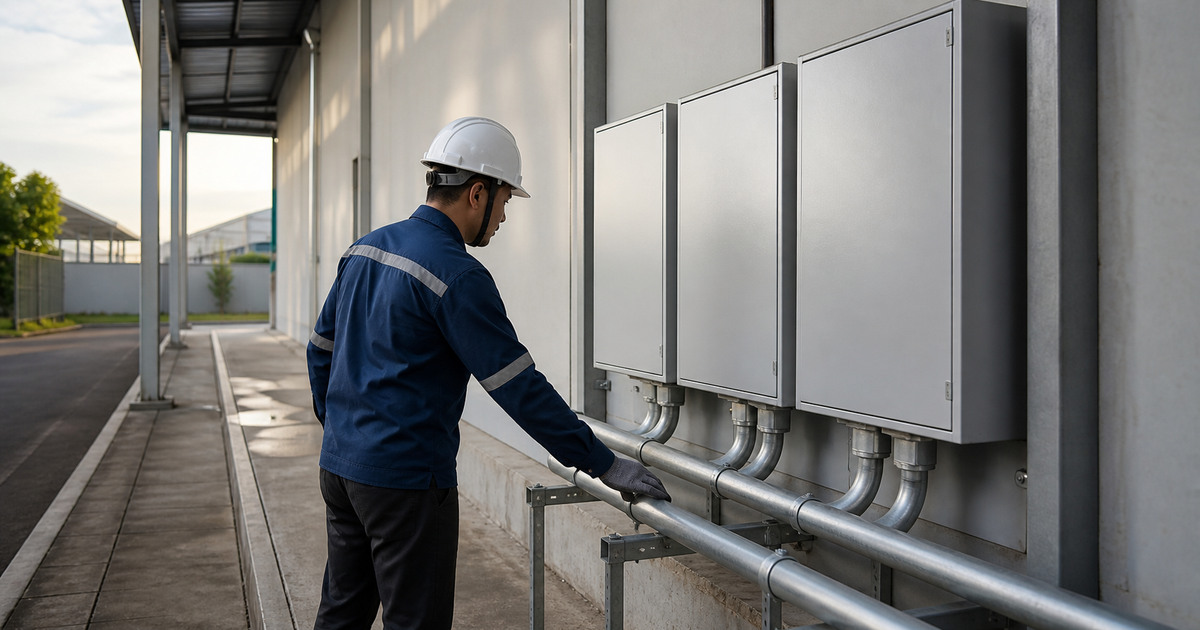 Energy manager tracing feeder conduits beside unmarked meter cabinets at a Selangor factory