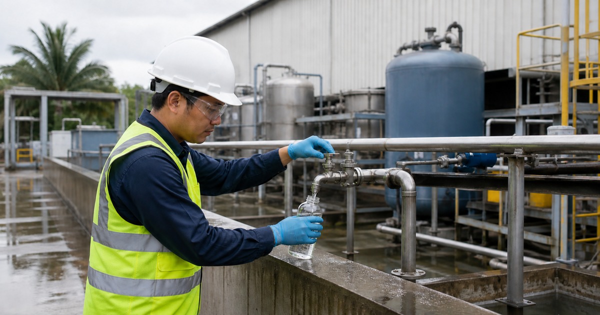 Environmental engineer sampling water at an industrial effluent treatment system beside a Malaysian factory
